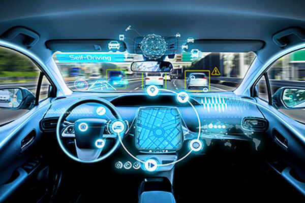 Empty cockpit of vehicle. HUD (Head Up Display) and digital instruments panel, autonomous car