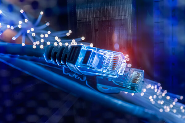 Network cables with high tech fiber optics on a color background