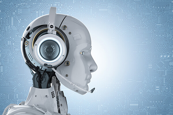 3d rendering of a humanoid robot with headset on a light blue circuit board background