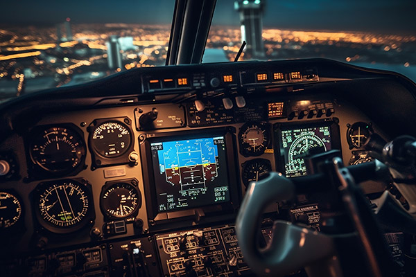 Airplane cockpit showing instrumentation
