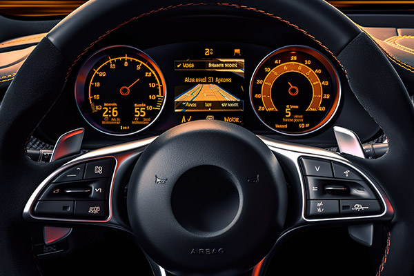 Steering wheel in a car with a dashboard in the background