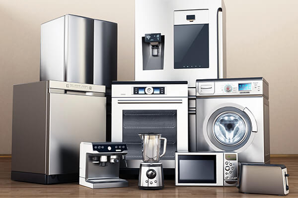 Stainless steel home appliances with refrigerator, dishwasher, oven, washer, coffee maker, blender, microwave & toaster