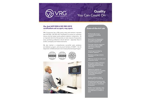 Image of first page of VRG's quality and testing brochure